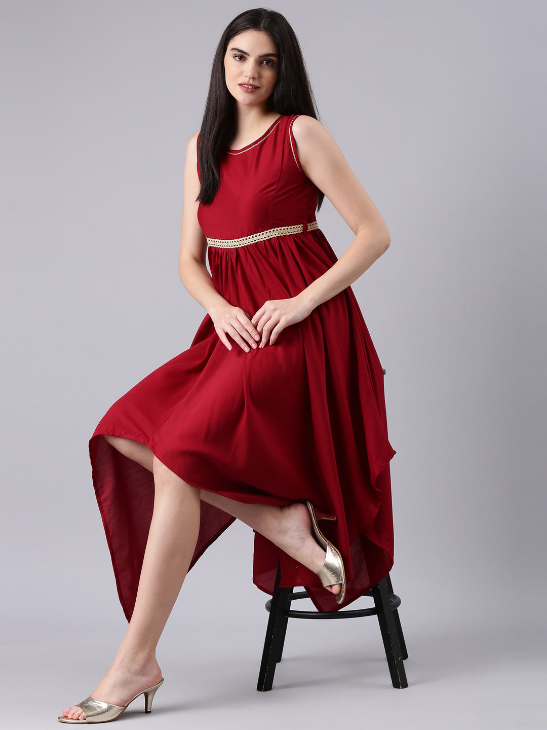 Women Maroon Solid Fit and Flare Dress