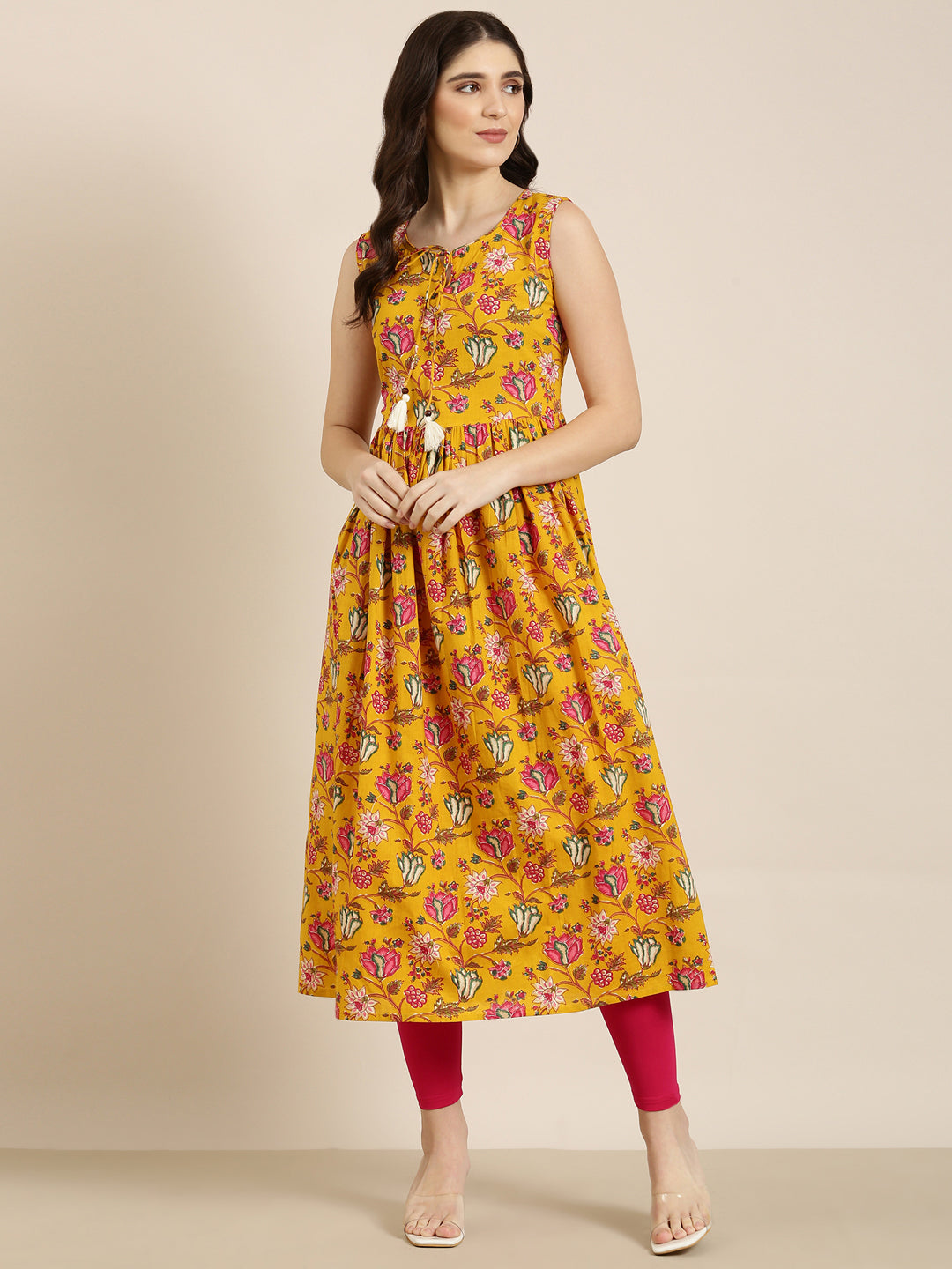 Women Mustard Floral Anarkali Kurta