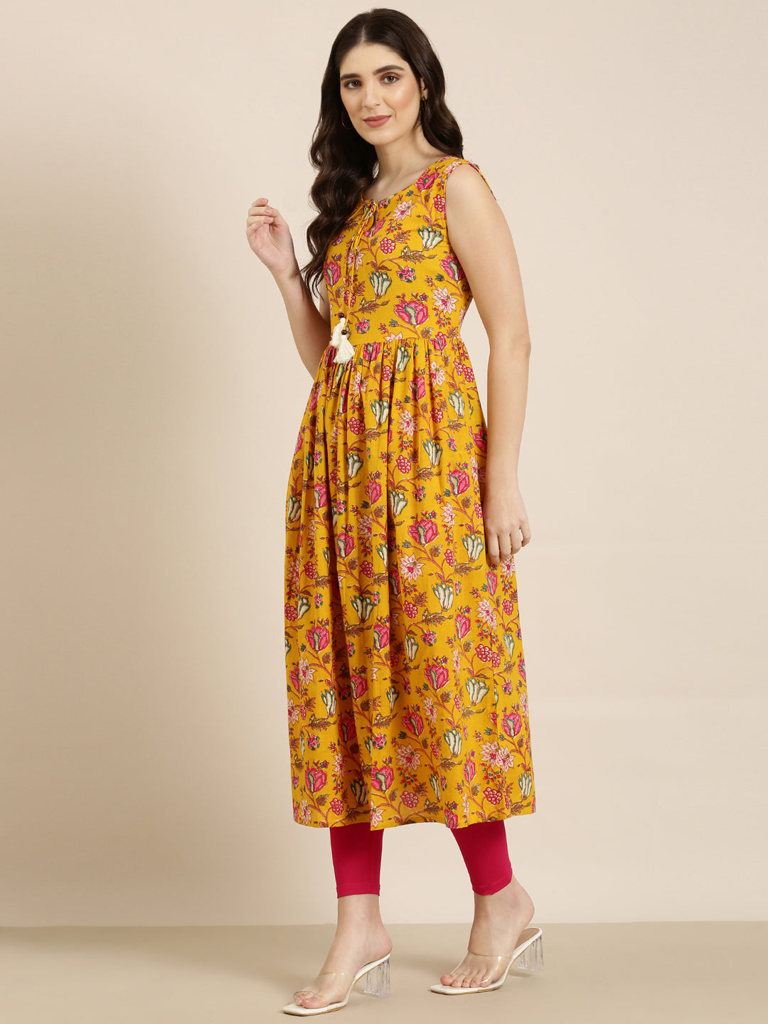 Women Mustard Floral Anarkali Kurta