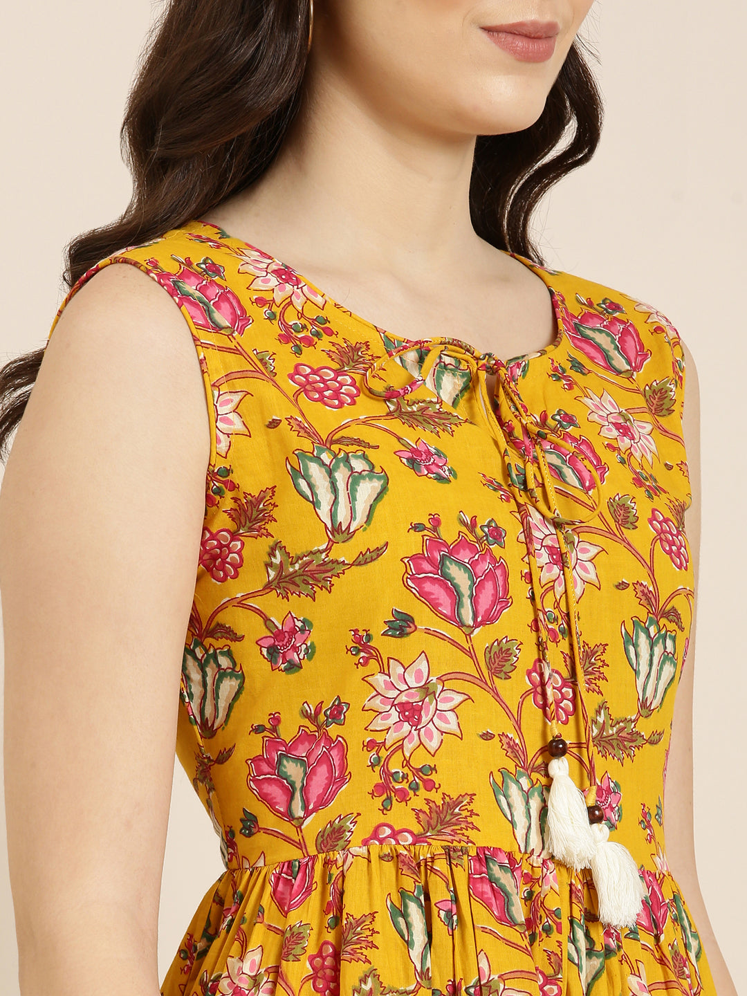 Women Mustard Floral Anarkali Kurta