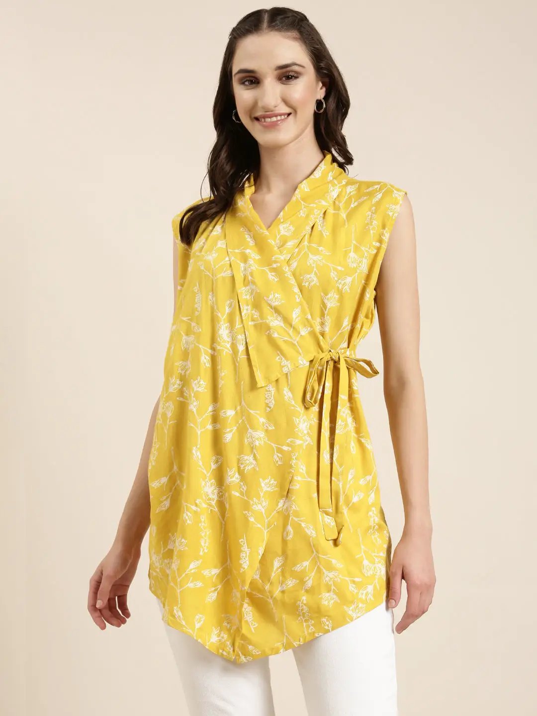 Women's Yellow Floral Straight Kurti