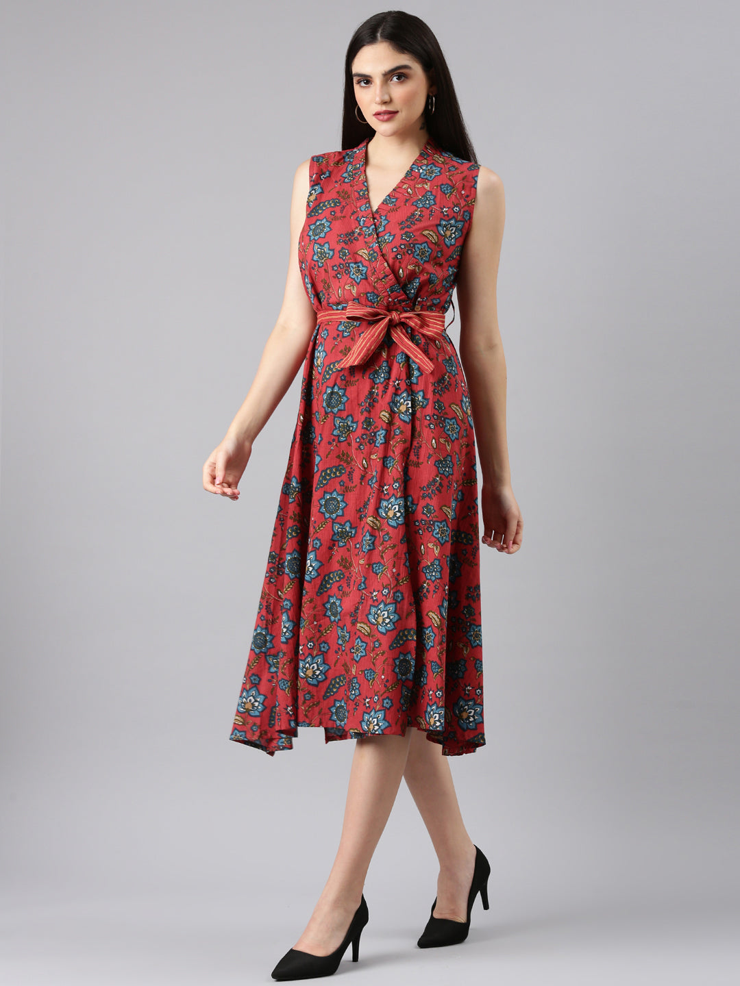 Women Fuchsia Floral Wrap Dress