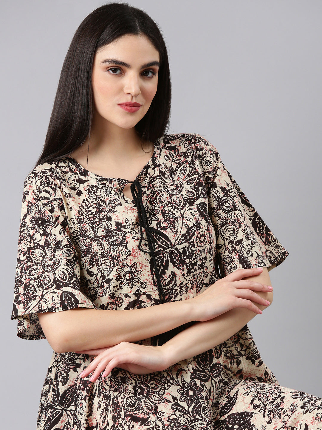 Women Beige Floral A-Line Dress