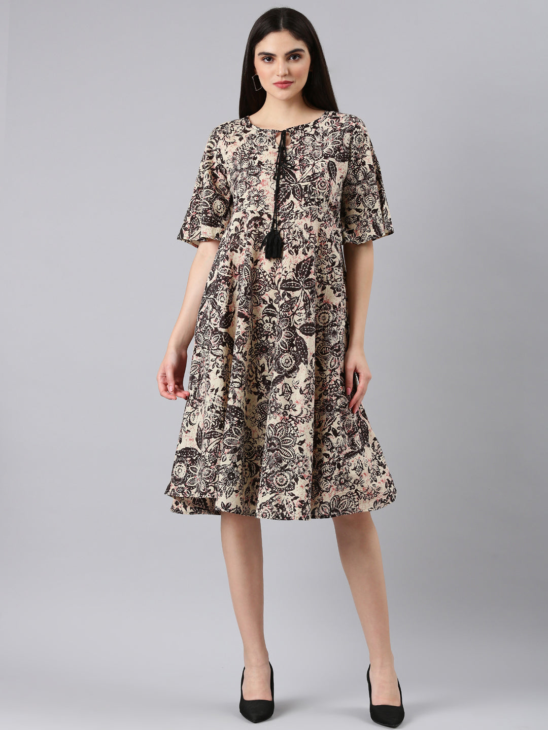 Women Beige Floral A-Line Dress