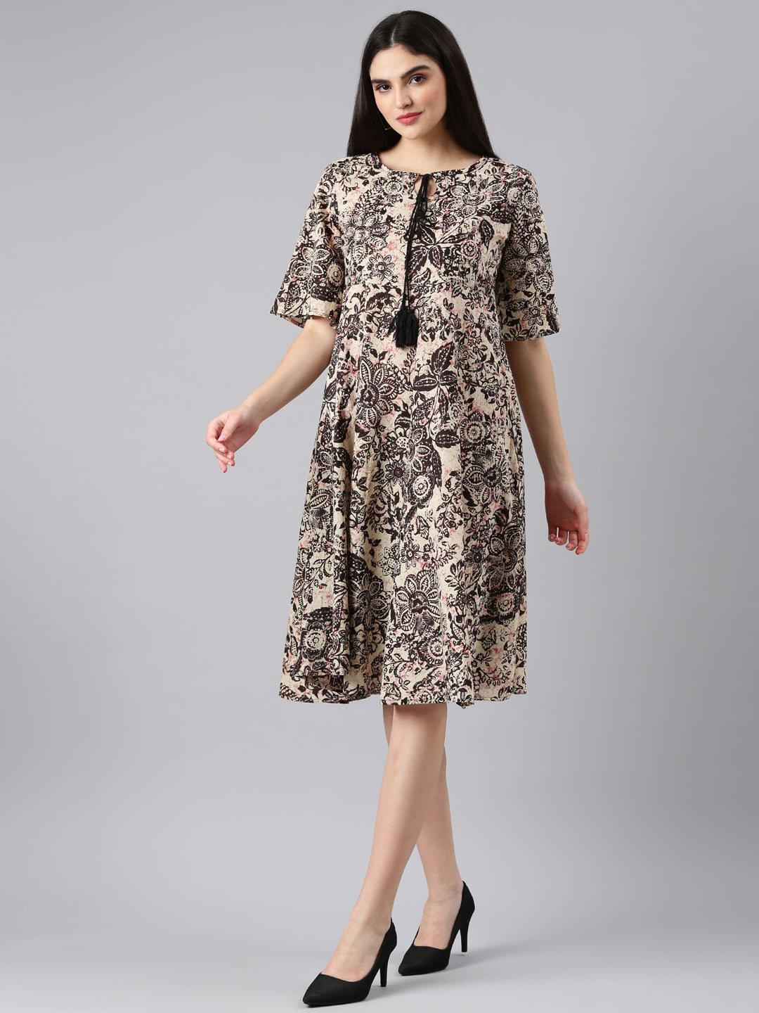 Women Beige Floral A-Line Dress