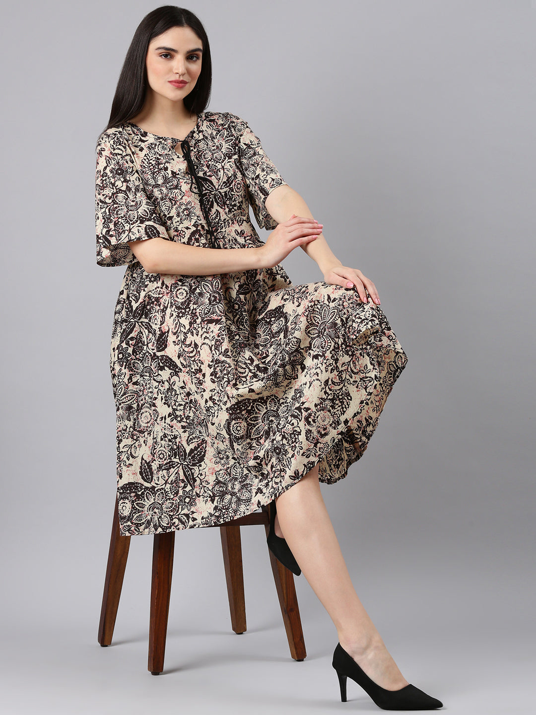 Women Beige Floral A-Line Dress