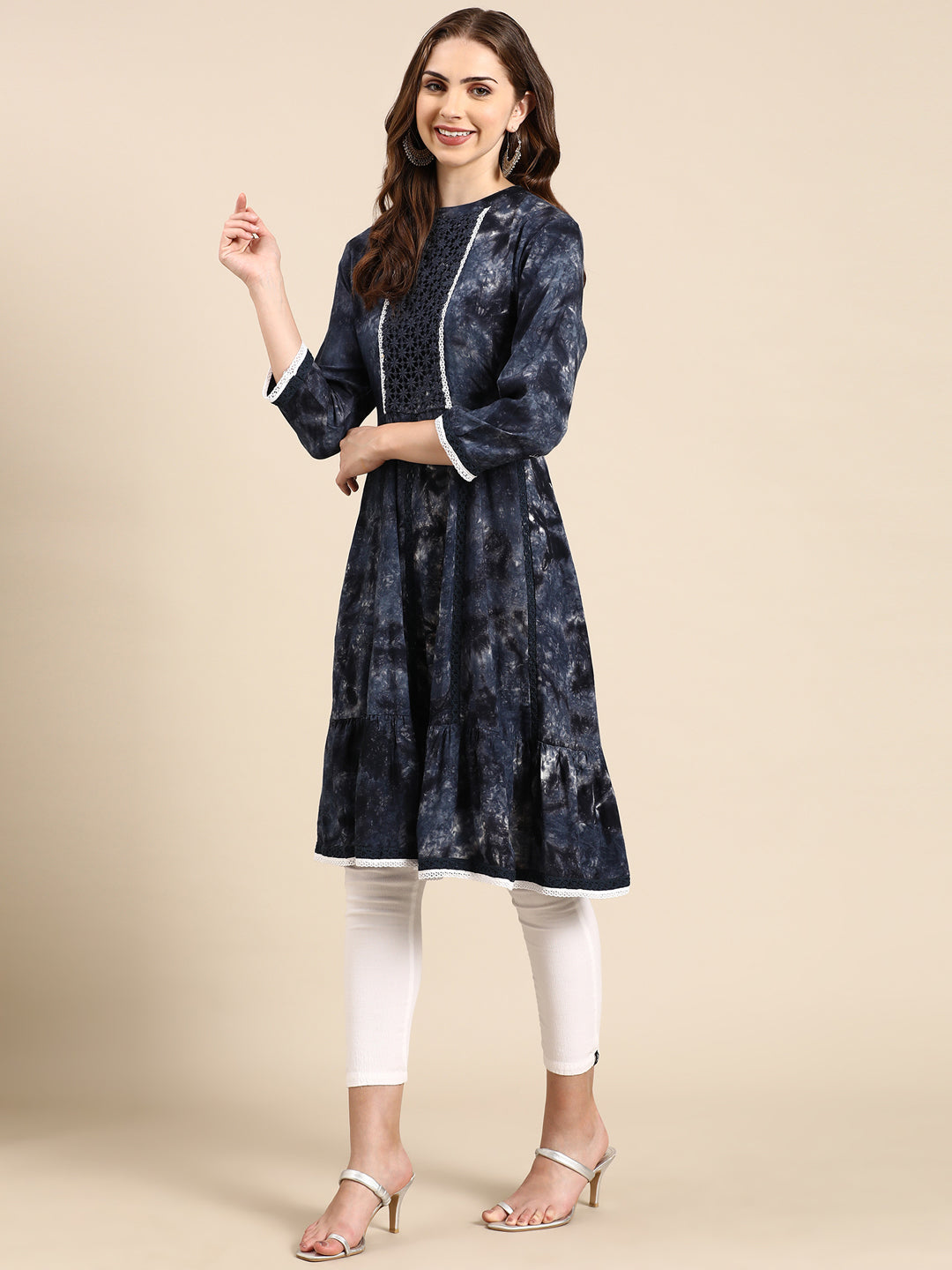 Women's Navy Blue Printed Anarkali Kurta