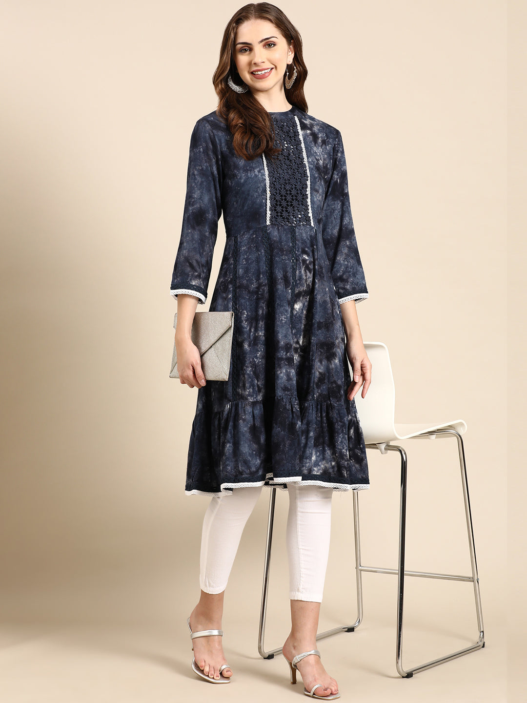 Women's Navy Blue Printed Anarkali Kurta