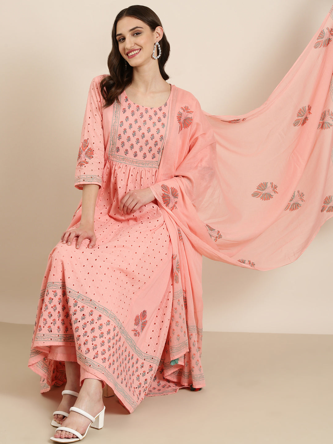 Women Peach Floral Kurta Set