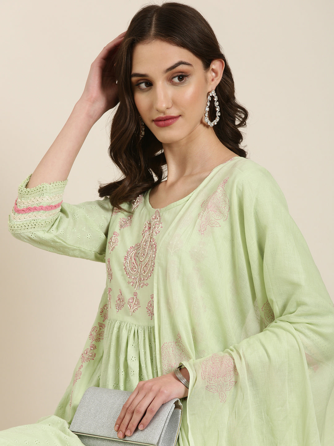 Women Green Floral Kurta Set