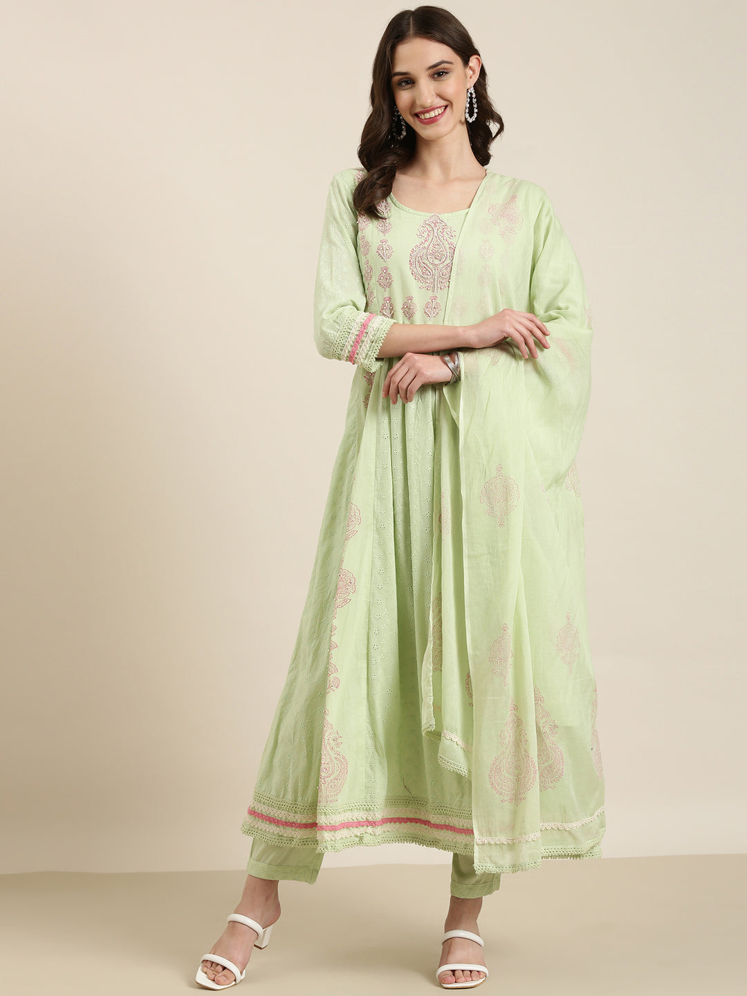 Women Green Floral Kurta Set