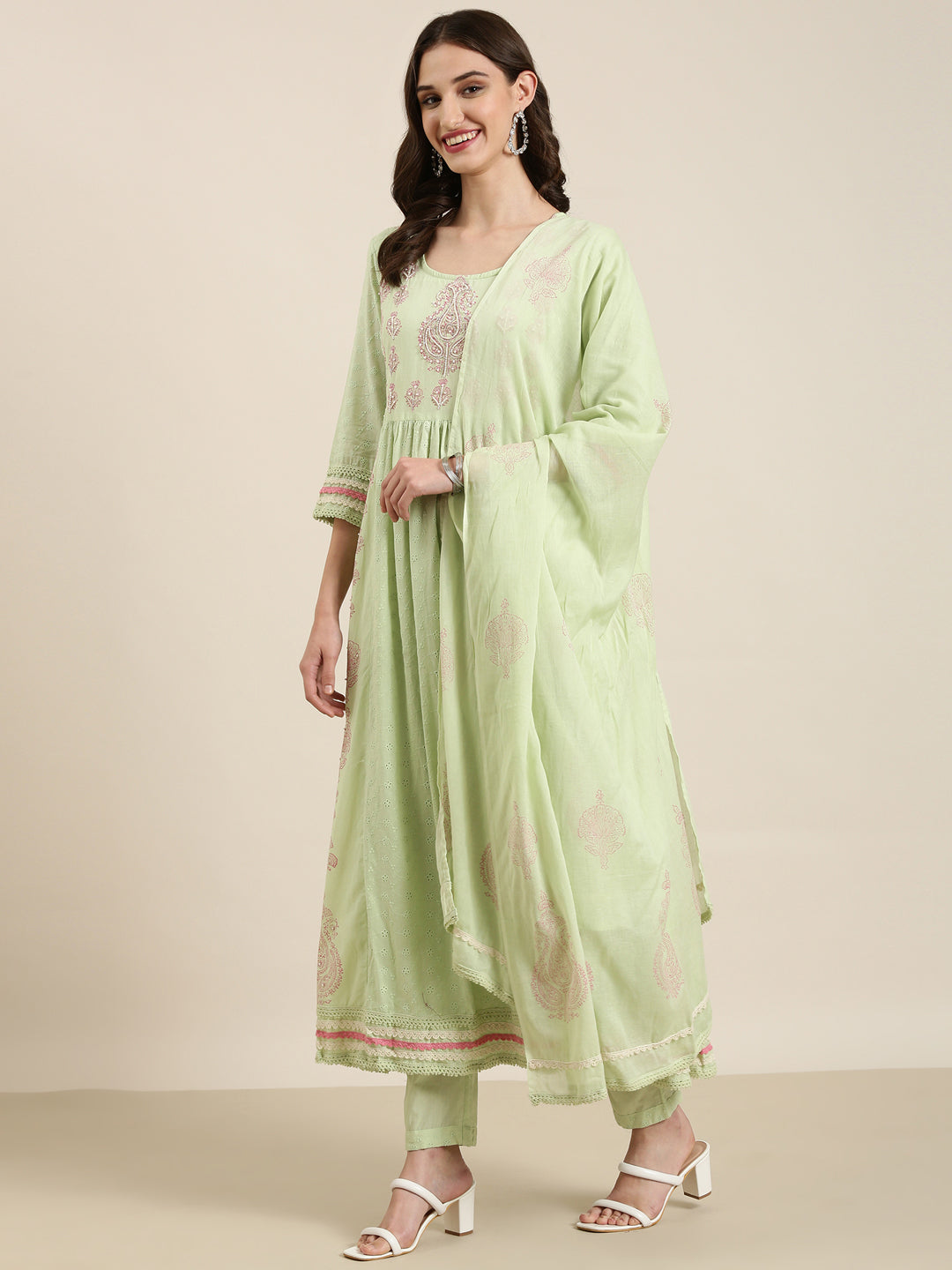 Women Green Floral Kurta Set