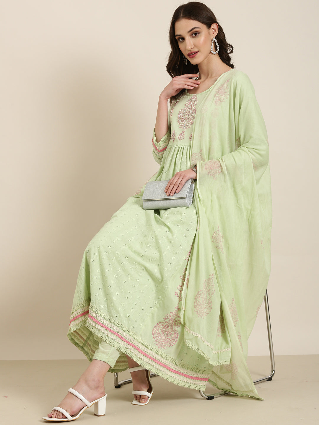 Women Green Floral Kurta Set