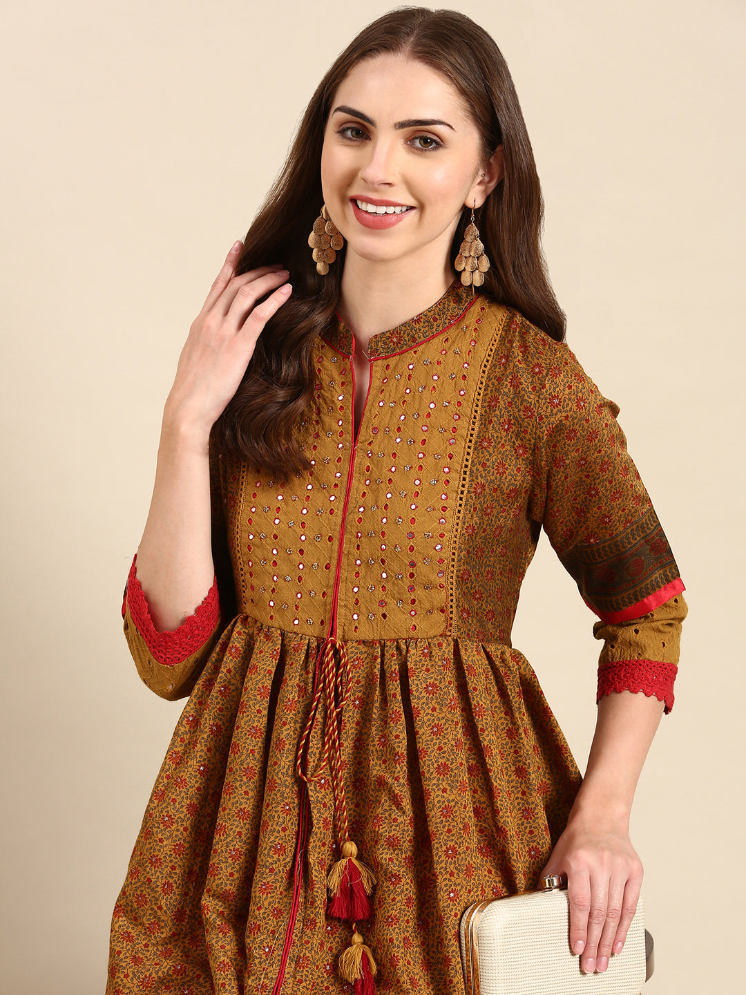 Women's Camel Brown Floral Anarkali Kurta