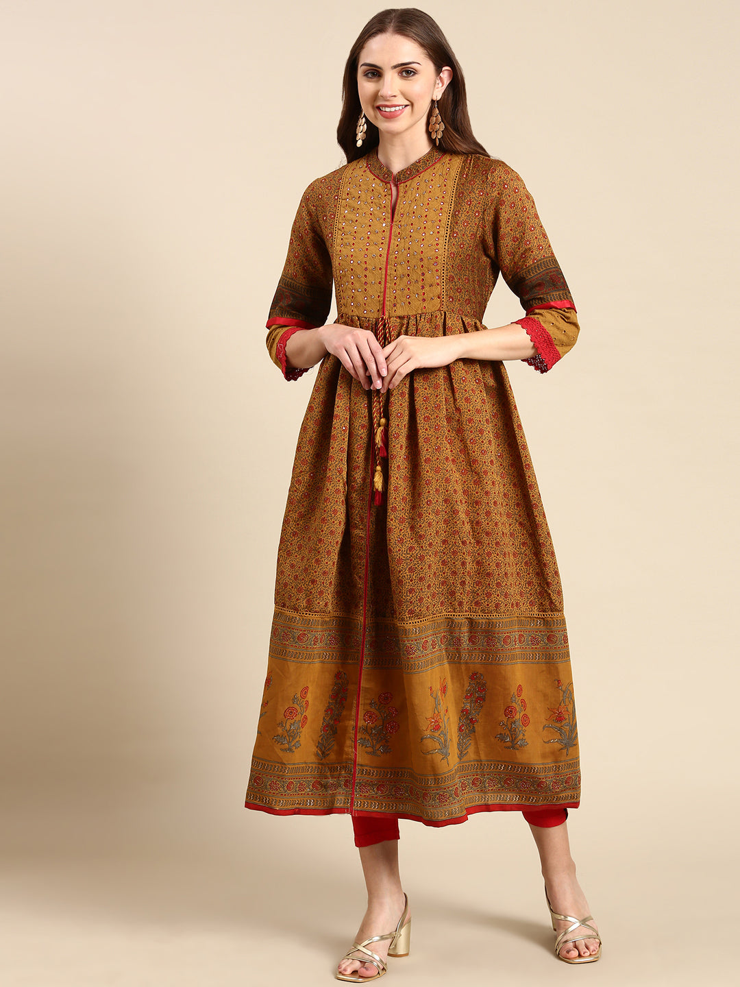 Women's Camel Brown Floral Anarkali Kurta