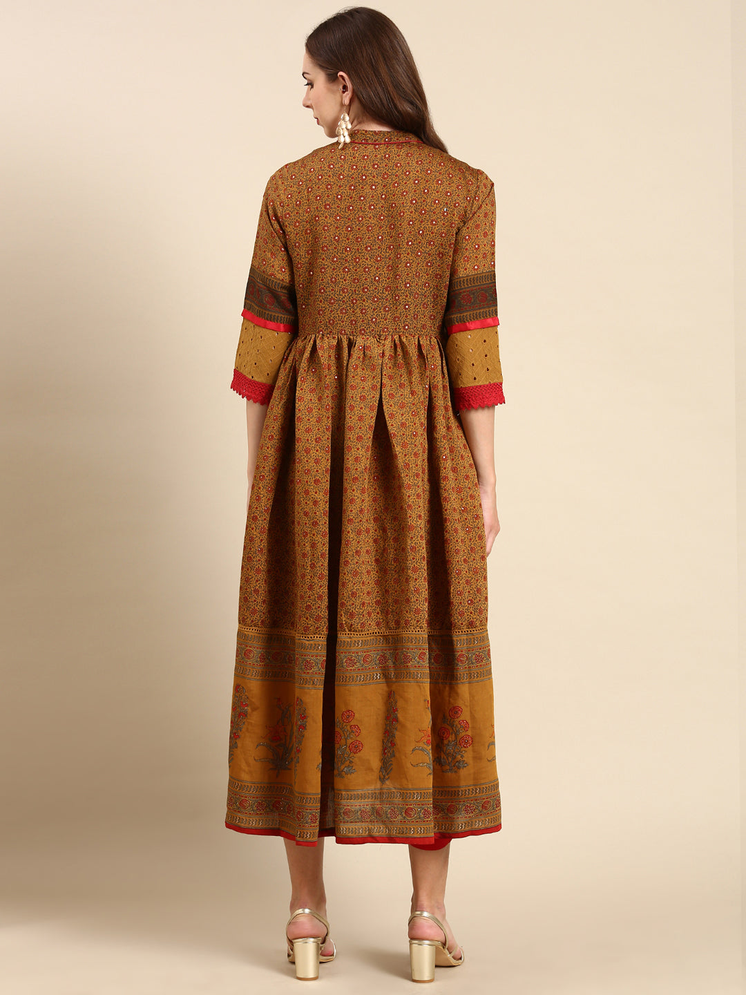 Women's Camel Brown Floral Anarkali Kurta