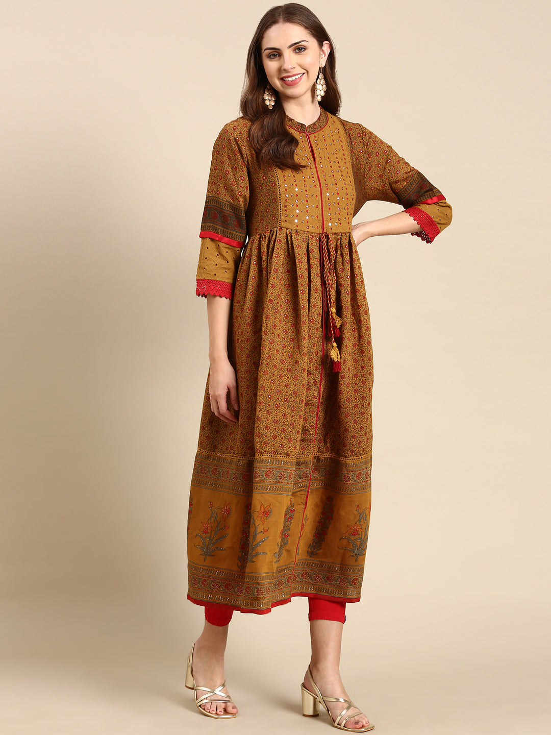 Women's Camel Brown Floral Anarkali Kurta