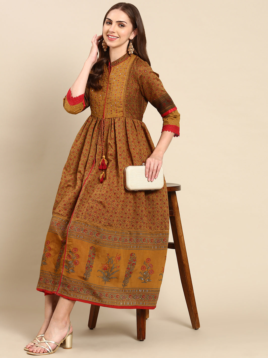 Women's Camel Brown Floral Anarkali Kurta