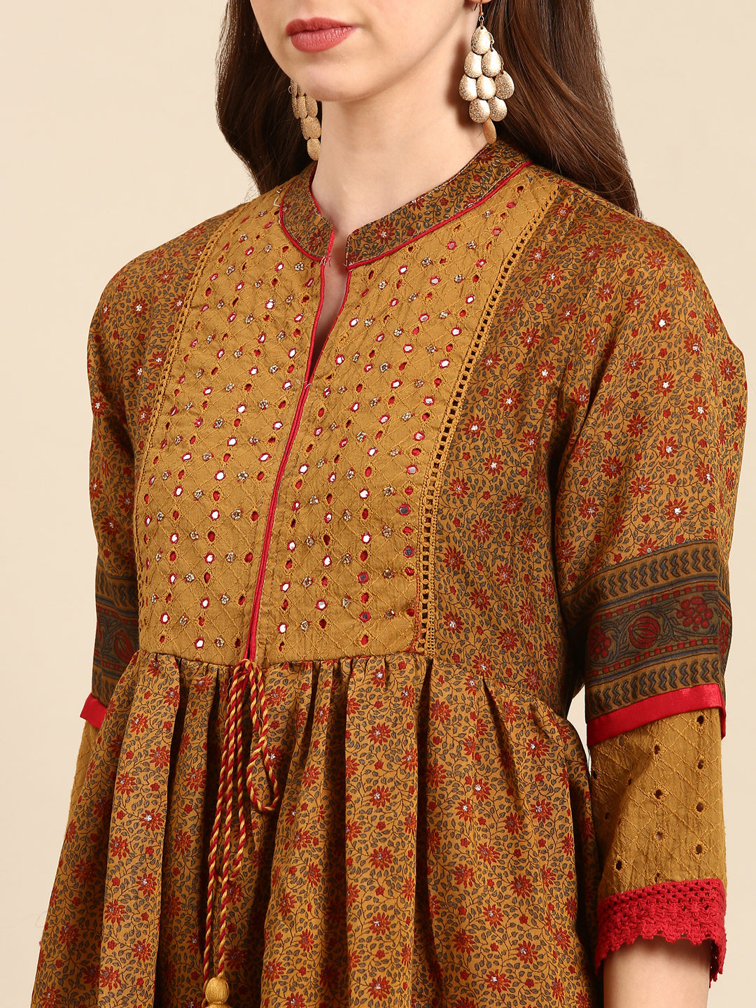 Women's Camel Brown Floral Anarkali Kurta