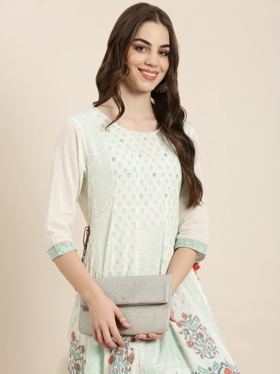 Women Cream Floral Anarkali Kurta