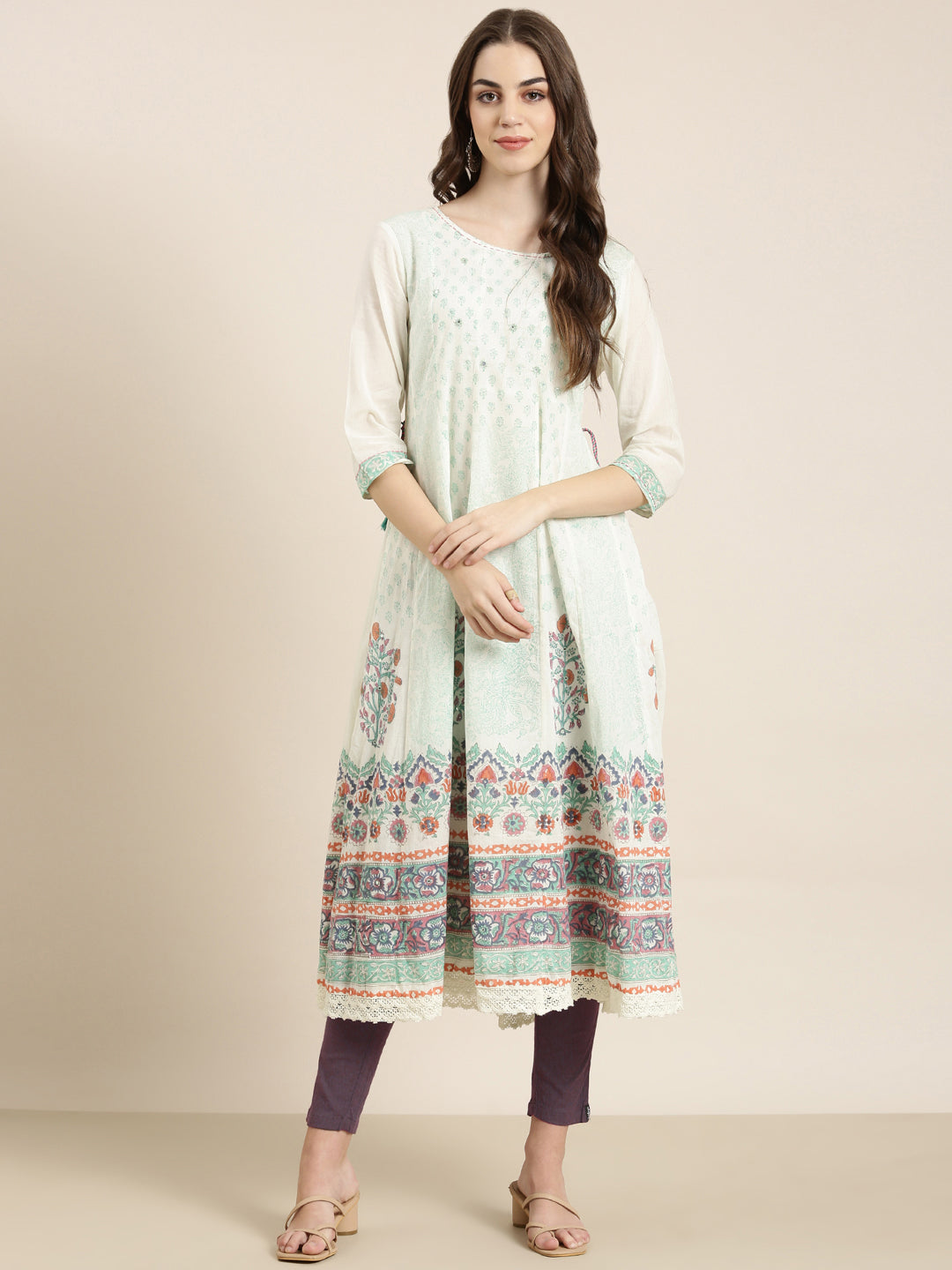 Women Cream Floral Anarkali Kurta