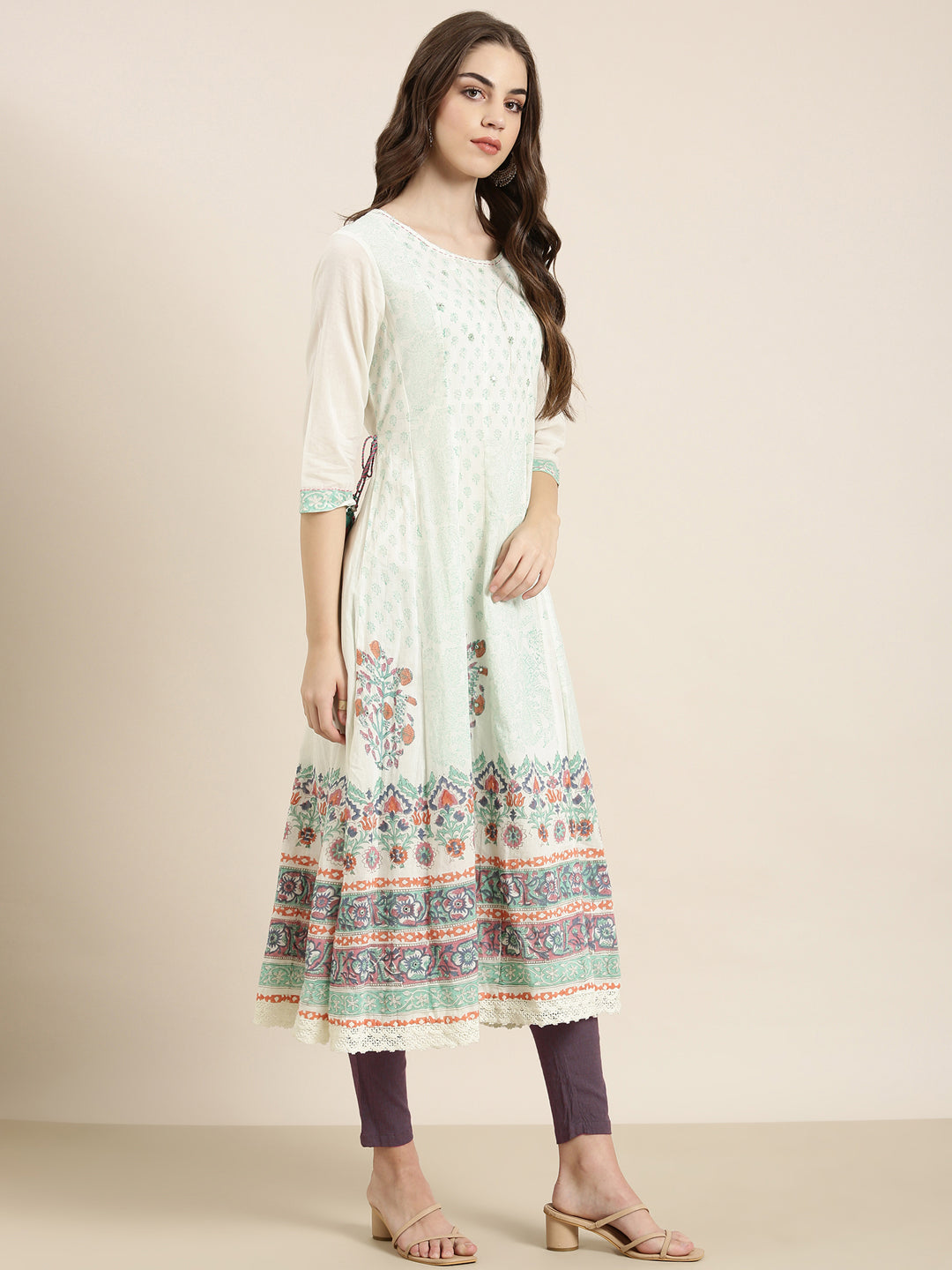 Women Cream Floral Anarkali Kurta