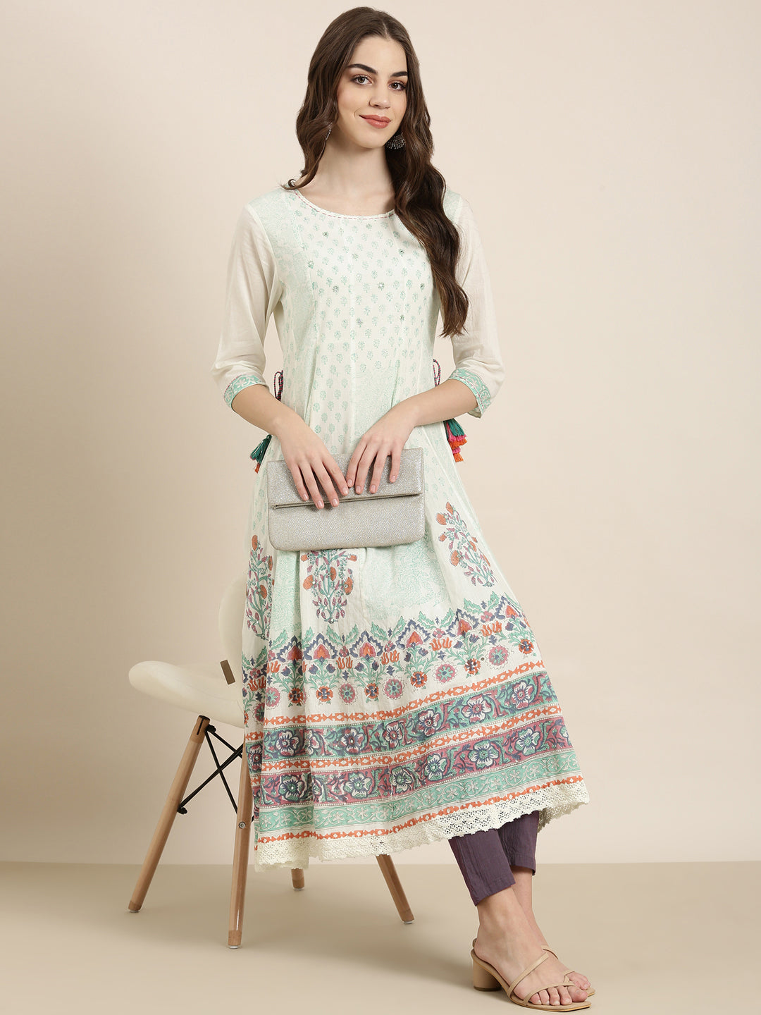 Women Cream Floral Anarkali Kurta