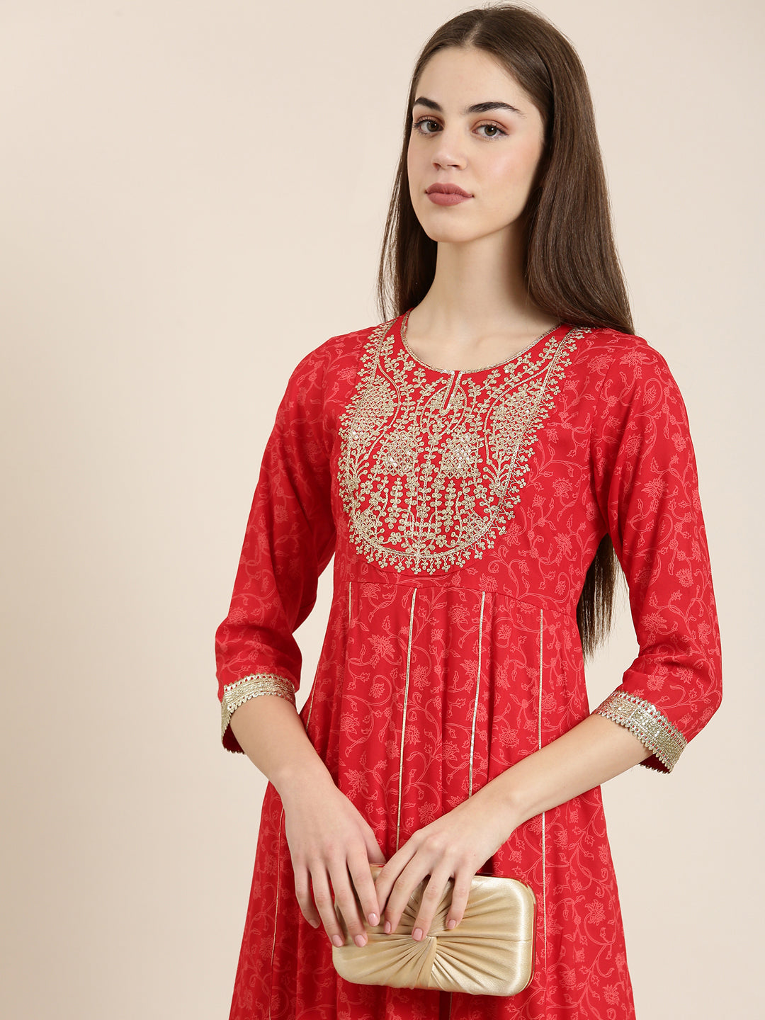 Women Red Floral Anarkali Kurta