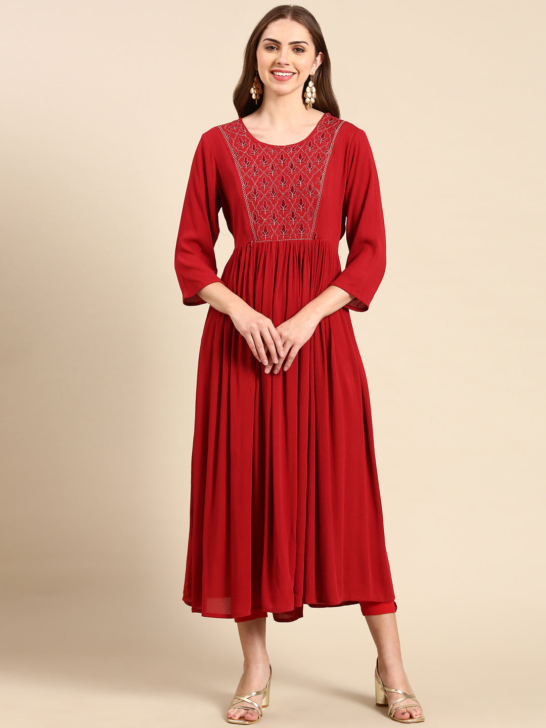 Women's Maroon Solid Anarkali Kurta