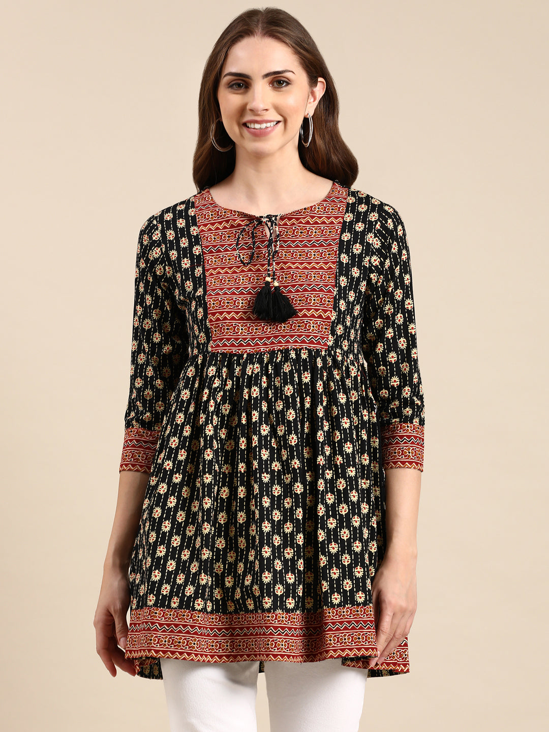 Women's Black Printed A-Line Kurti