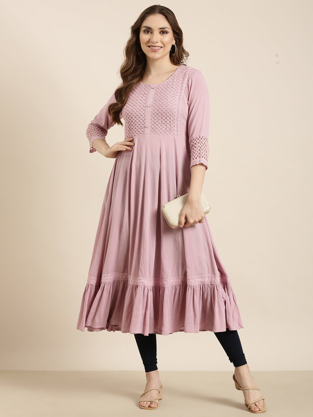 Women Anarkali Lavender Solid Kurta