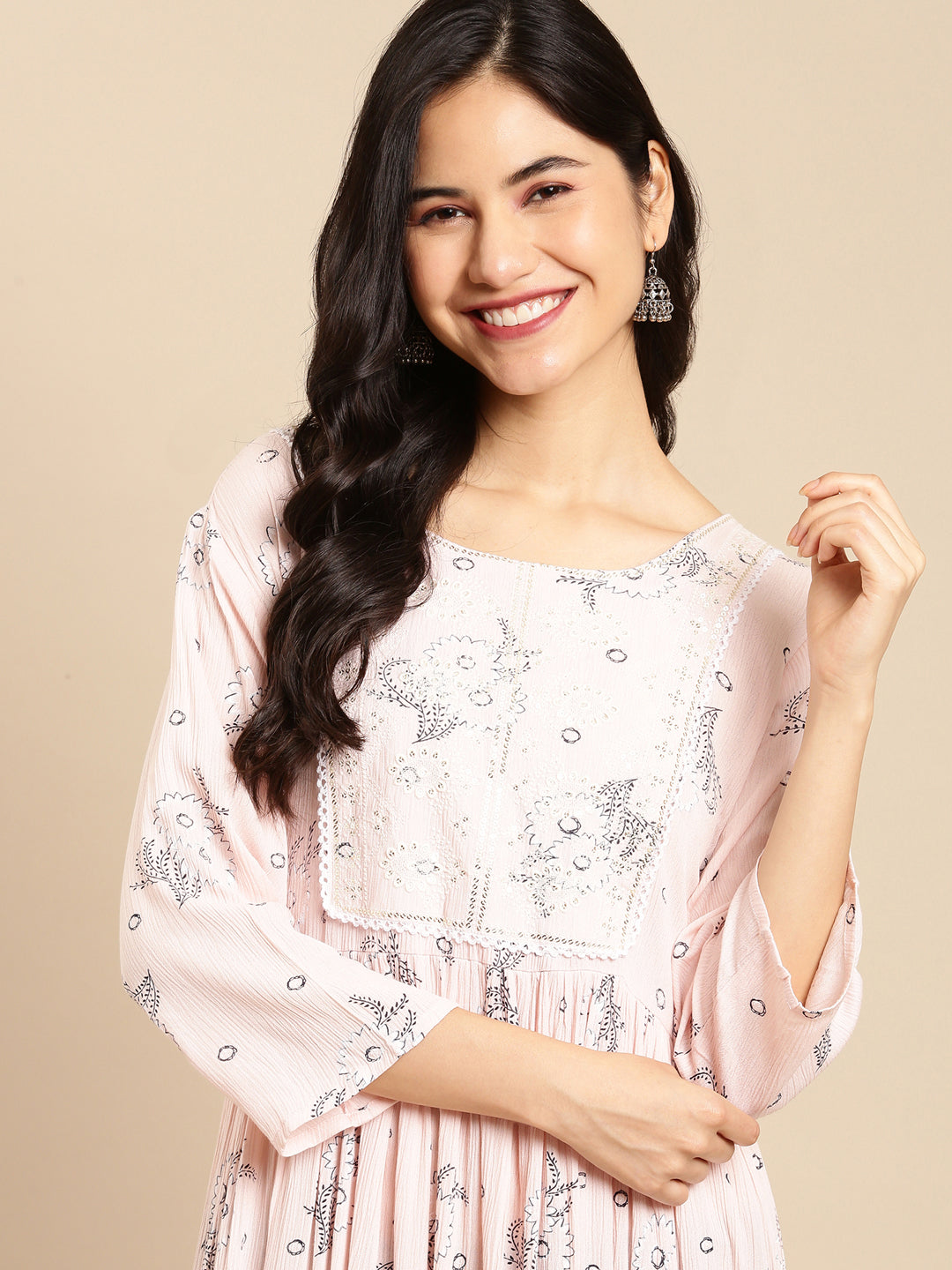 Women's Pink Printed A-Line Kurta