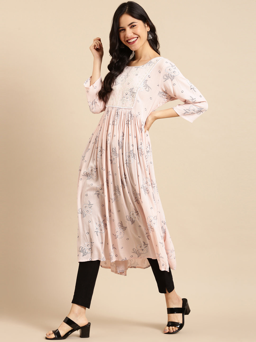 Women's Pink Printed A-Line Kurta