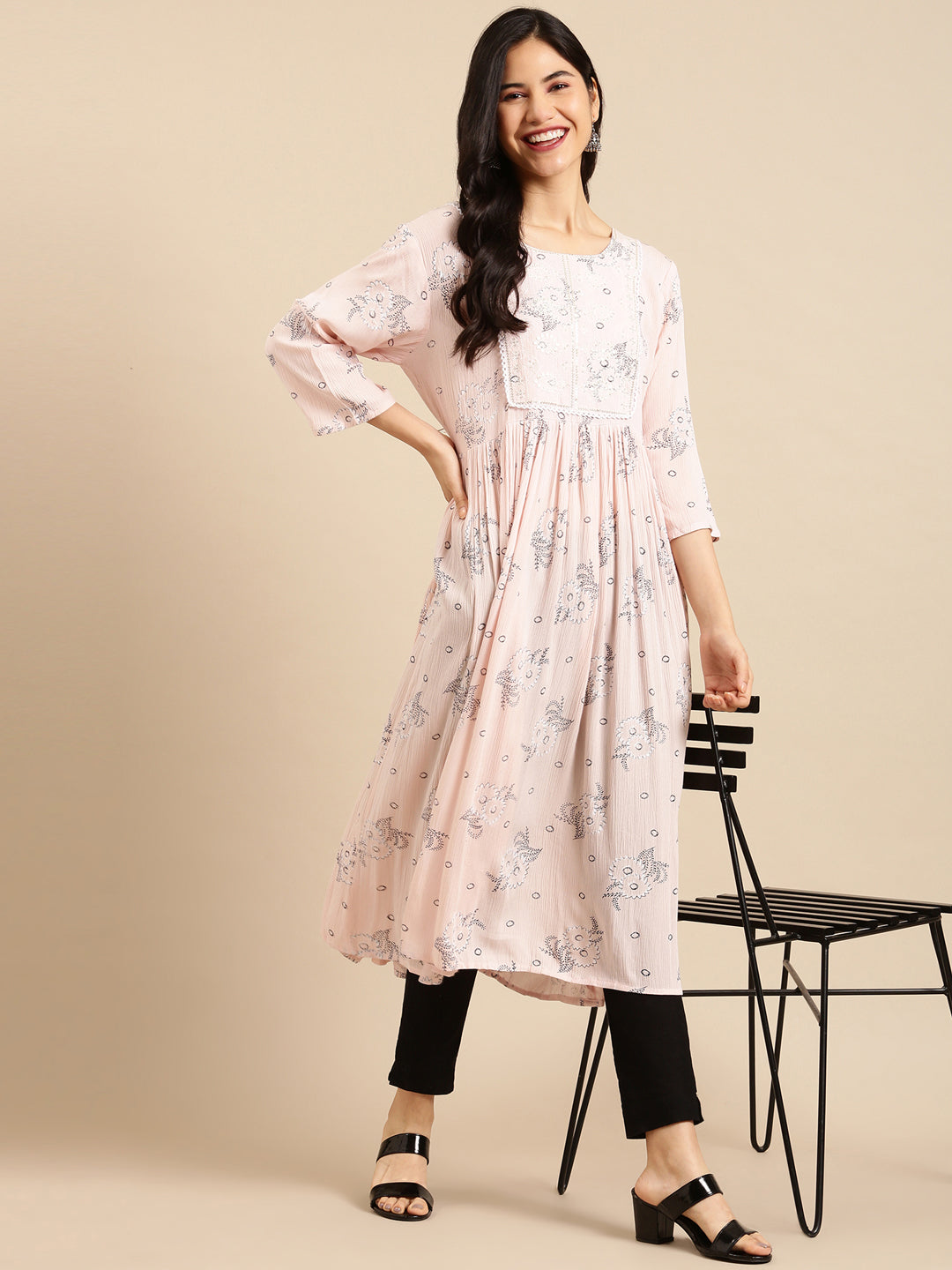 Women's Pink Printed A-Line Kurta