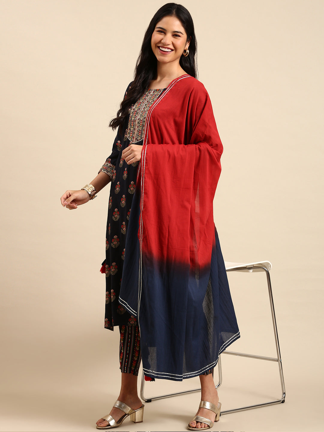 Women's Navy Blue Printed Kurta Set