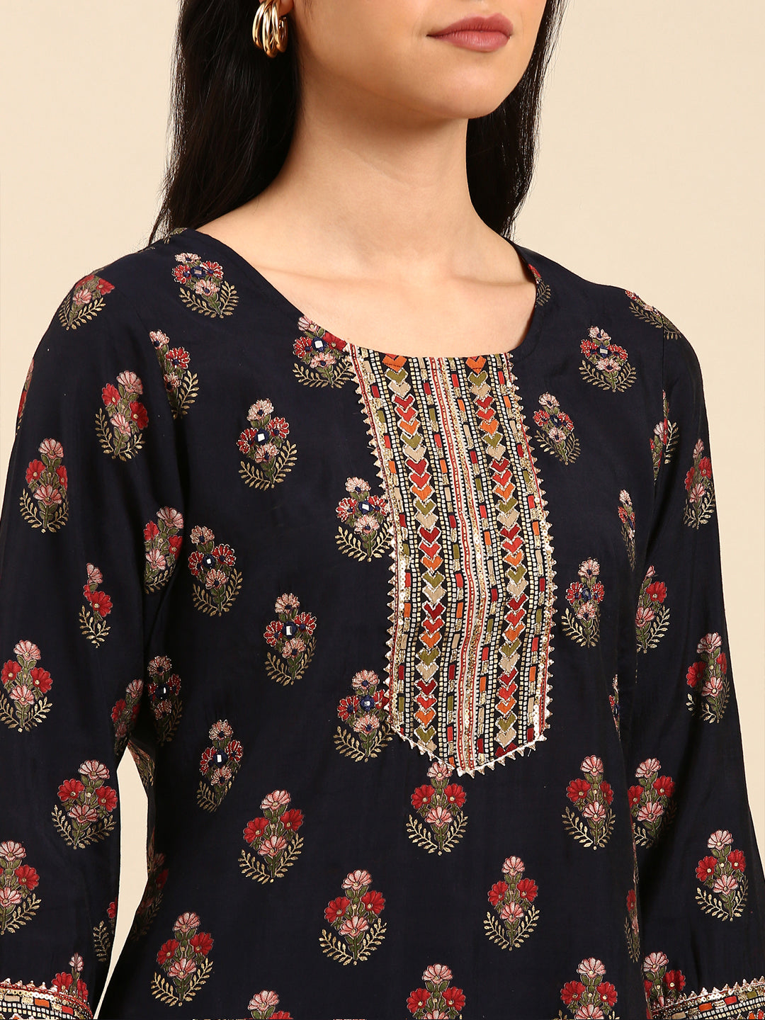 Women's Navy Blue Printed Kurta Set