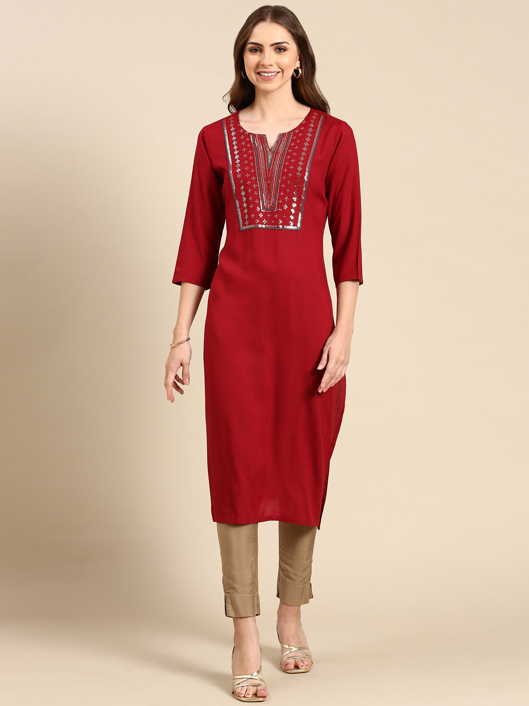 Women's Maroon Printed Straight Kurta