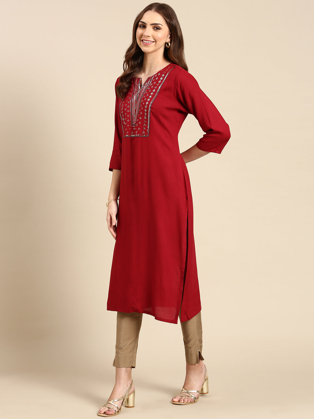 Women's Maroon Printed Straight Kurta