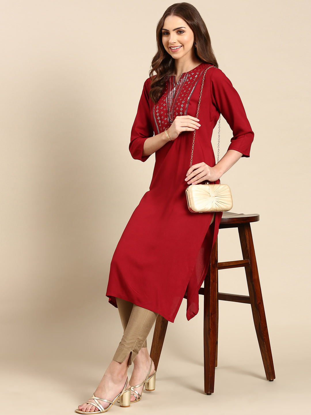 Women's Maroon Printed Straight Kurta