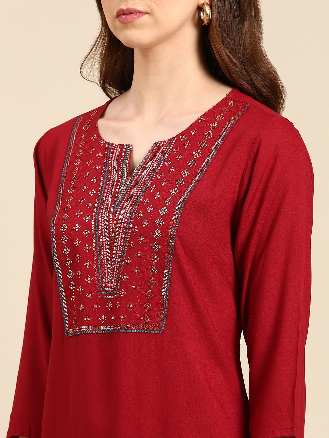 Women's Maroon Printed Straight Kurta