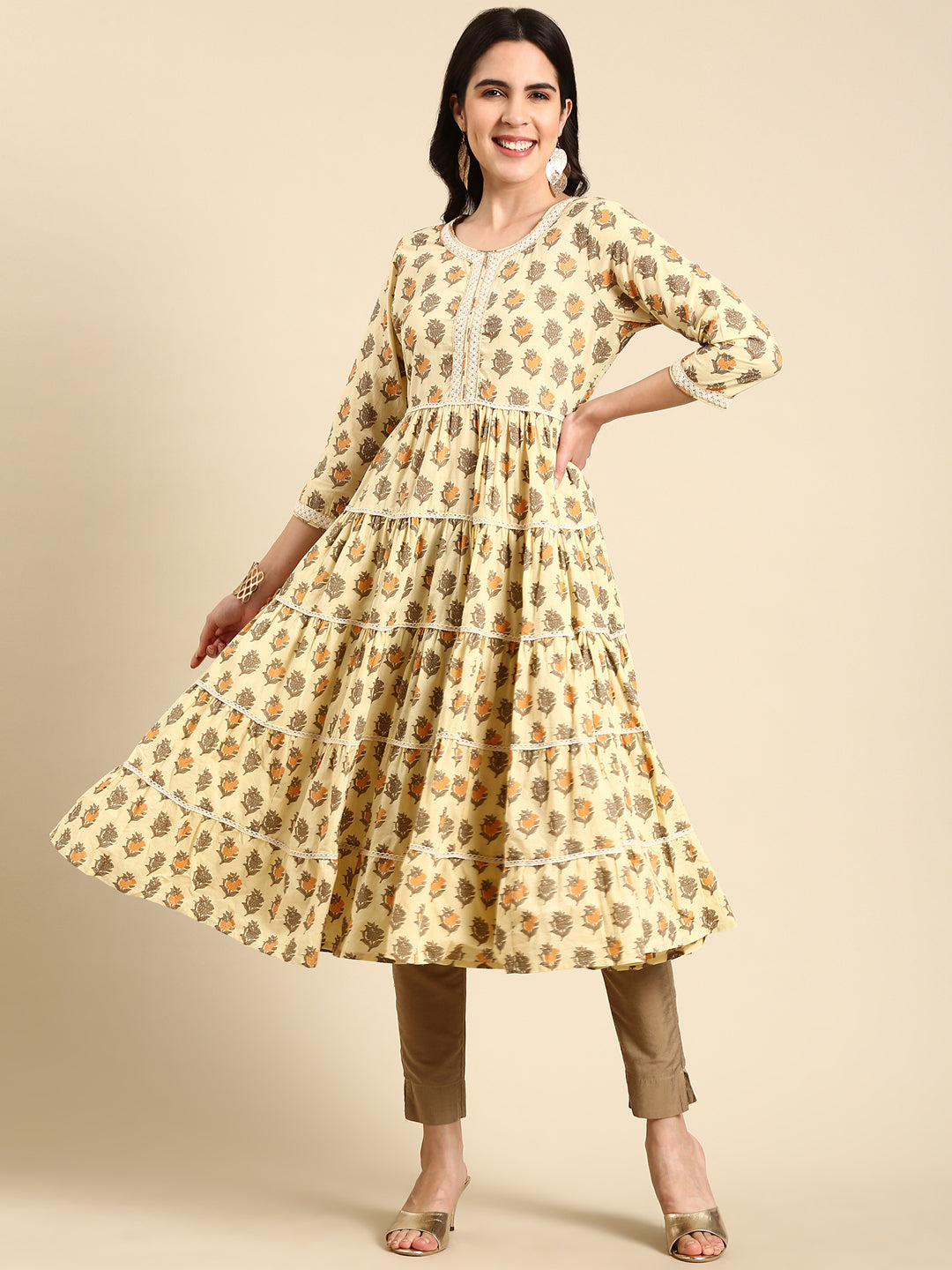 Women's Cream Printed Anarkali Kurta