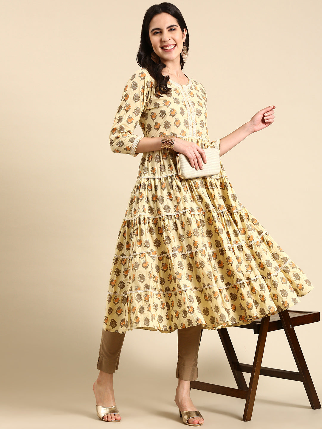 Women's Cream Printed Anarkali Kurta