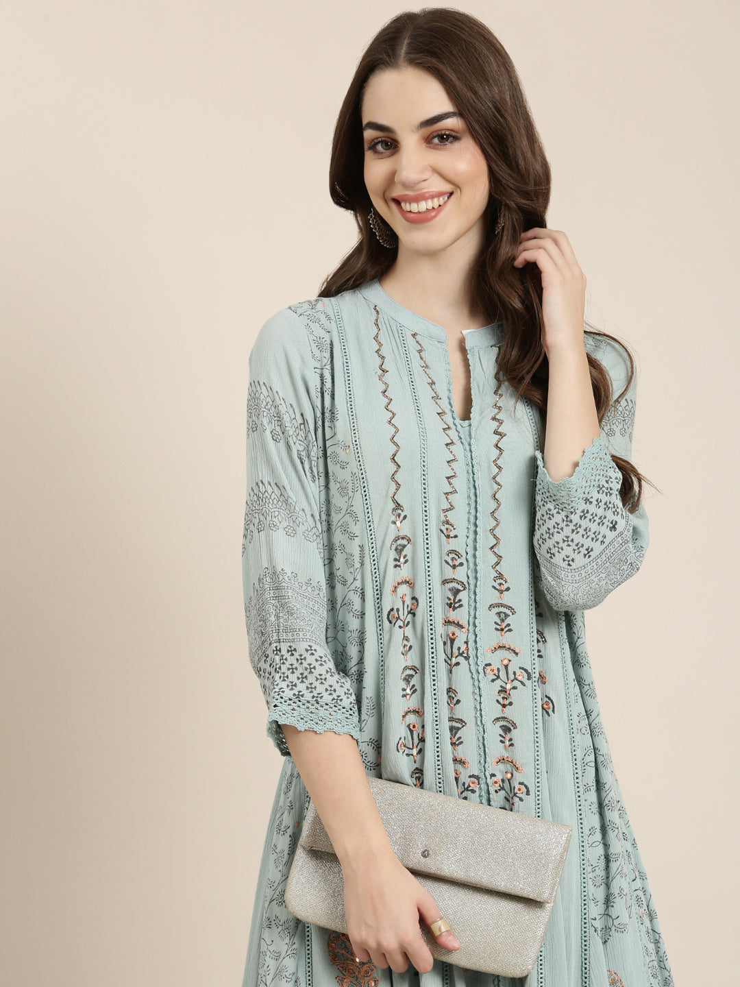 Women Blue Floral A-Line Kurta