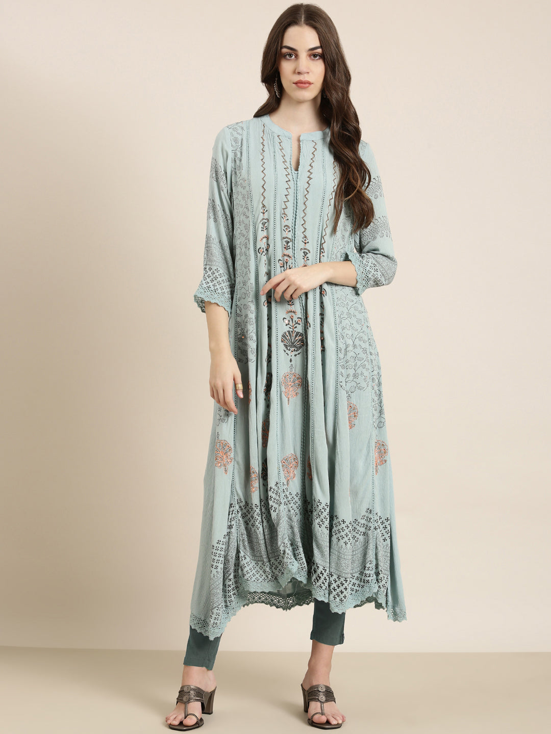 Women Blue Floral A-Line Kurta