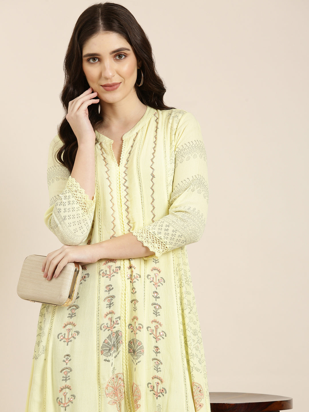 Women Yellow Floral A-Line Kurta