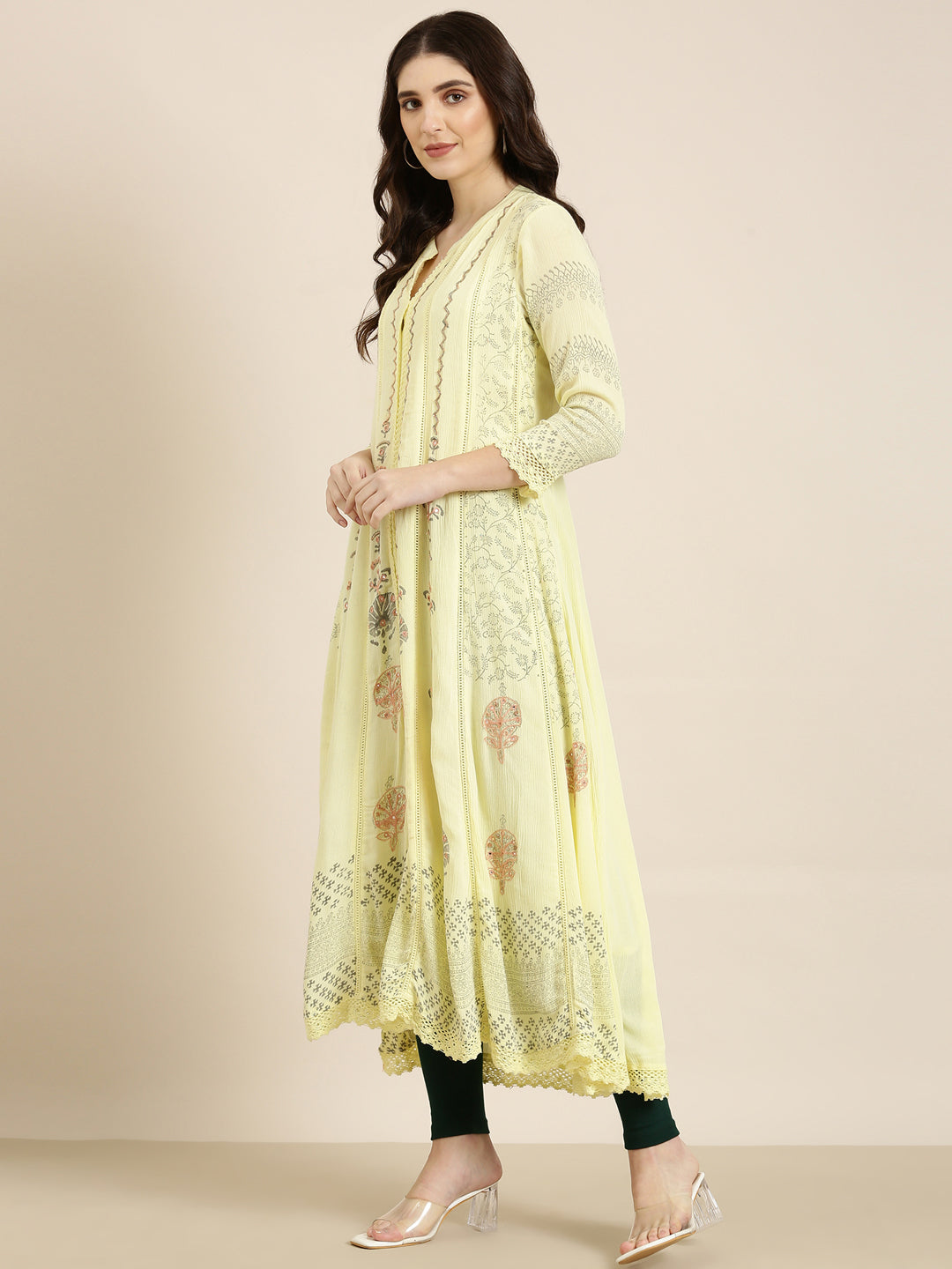Women's Yellow Floral A-Line Kurta