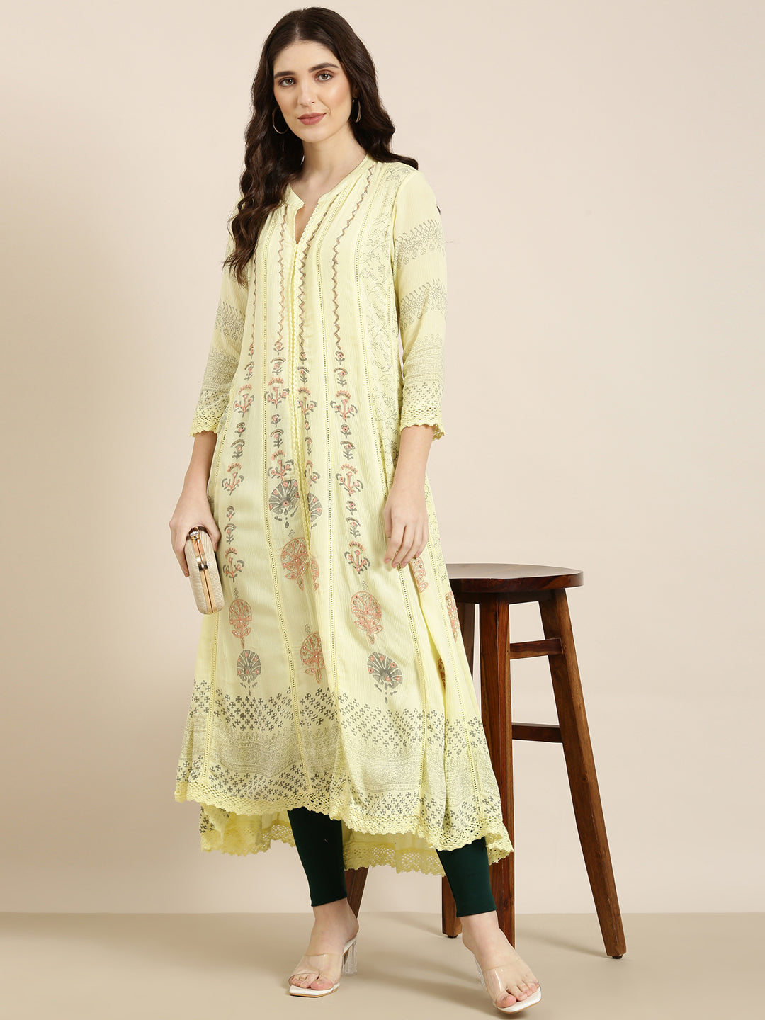 Women's Yellow Floral A-Line Kurta