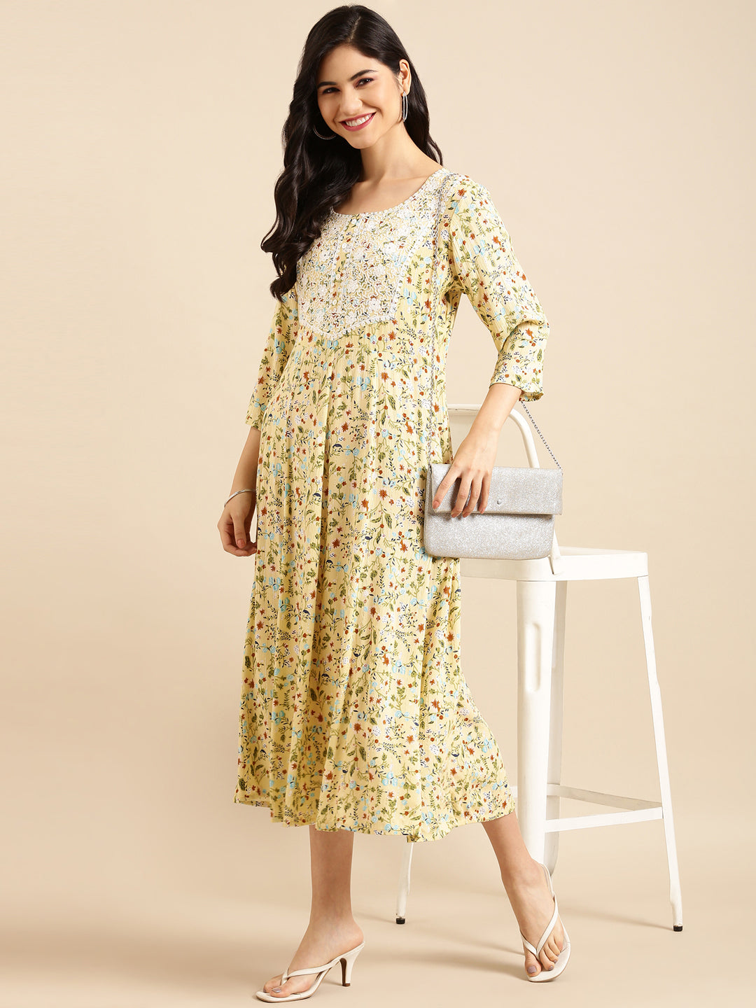 Women's Yellow Printed A-Line Kurta