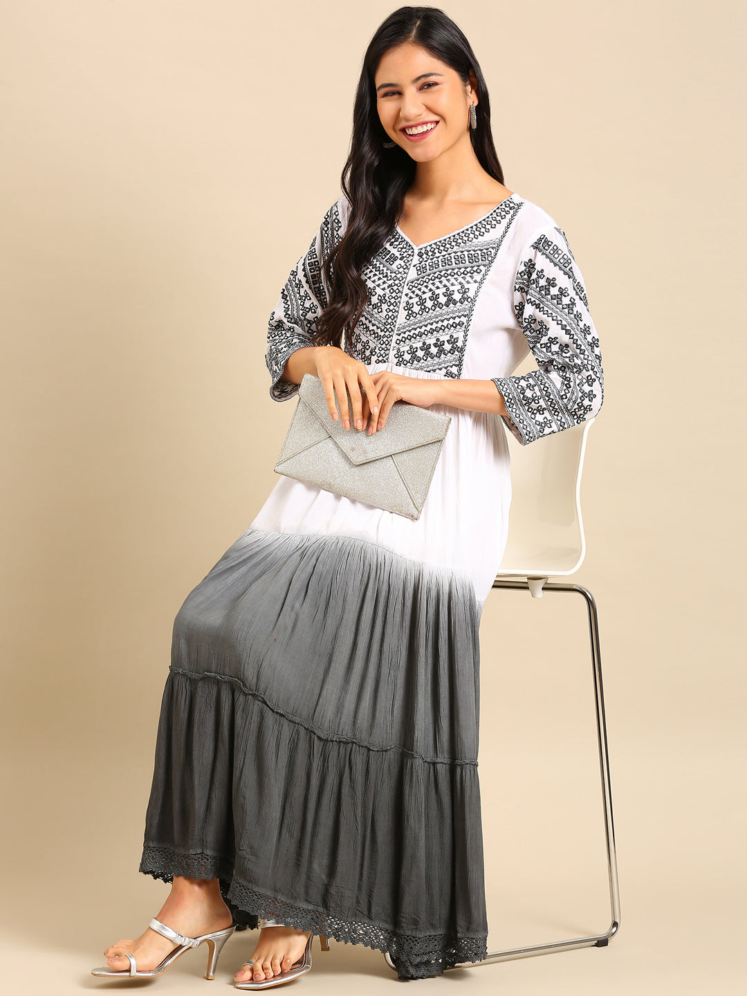 Women's White Printed Anarkali Kurta