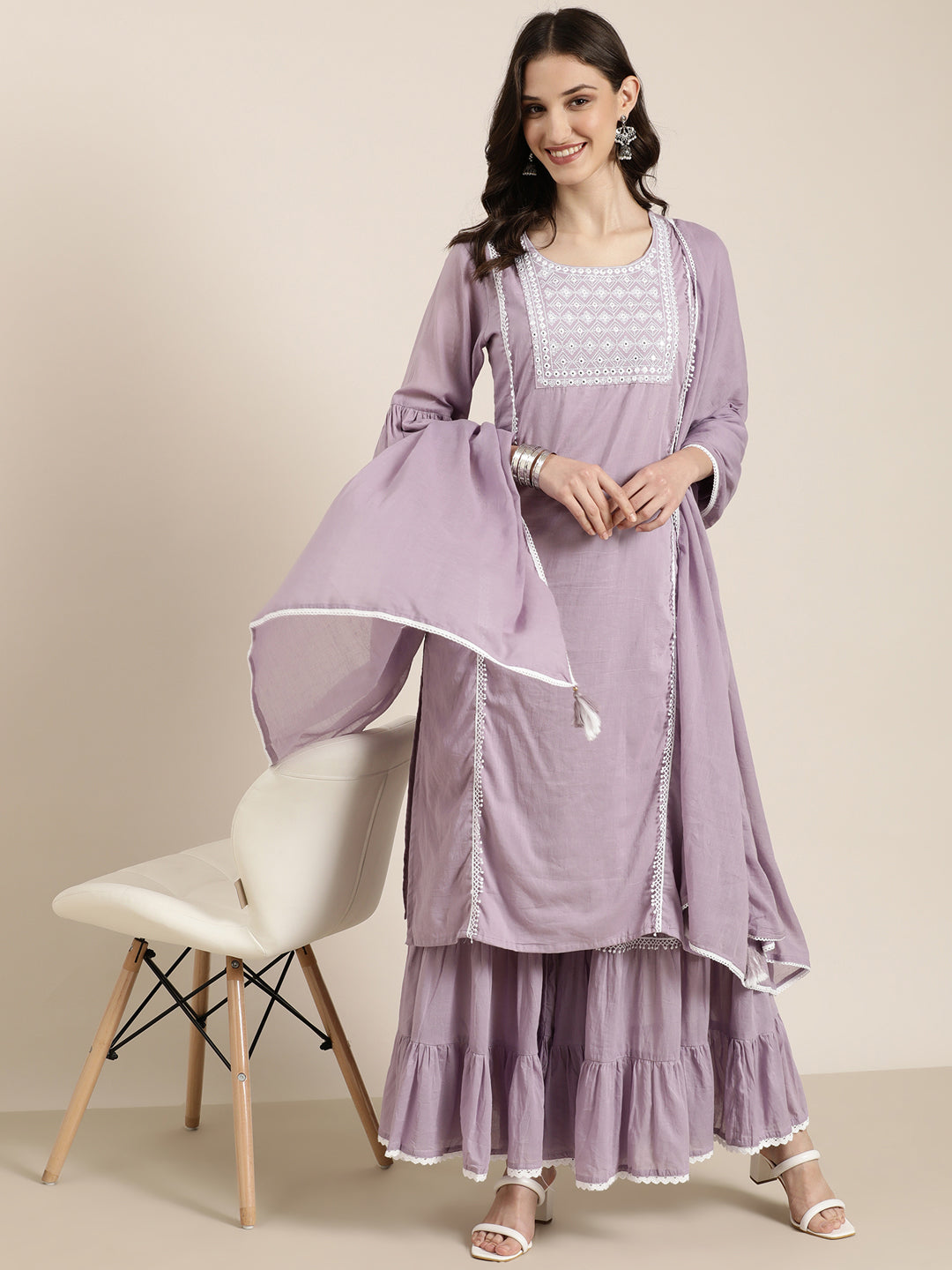 Women Lavender Solid Kurta Set